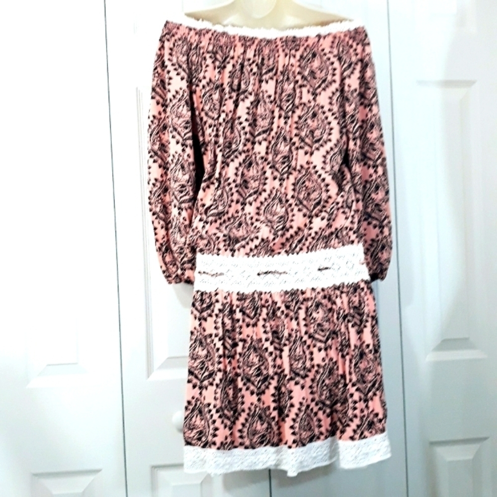 Free People Mini Dress 3/4 Sleeve Off  Shoulder Printed Black Coral Boho Small - Picture 8 of 13